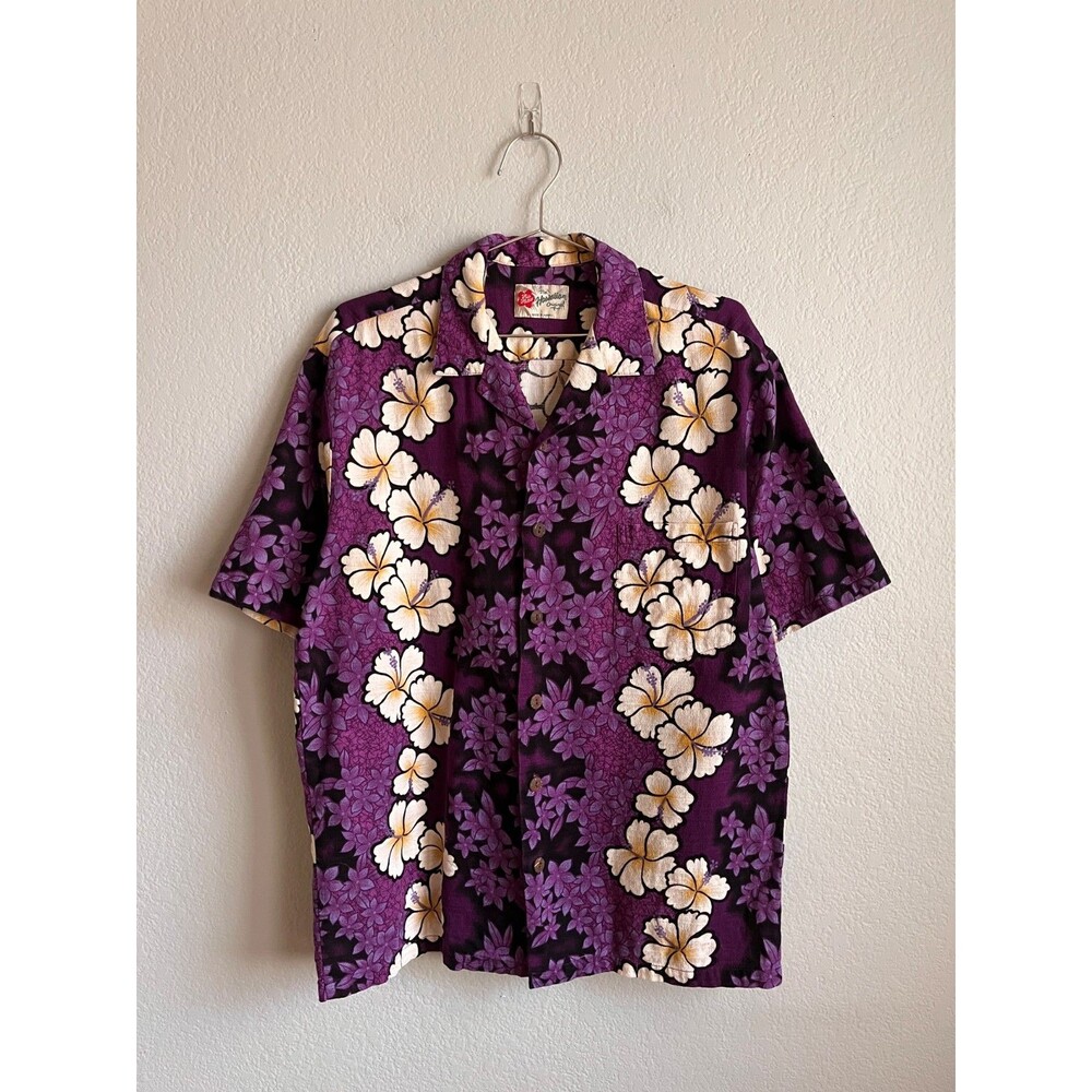 Vintage Hilo Hattie Men's Hibiscus Hawaiian Button Down Shirt Purple Size LARGE